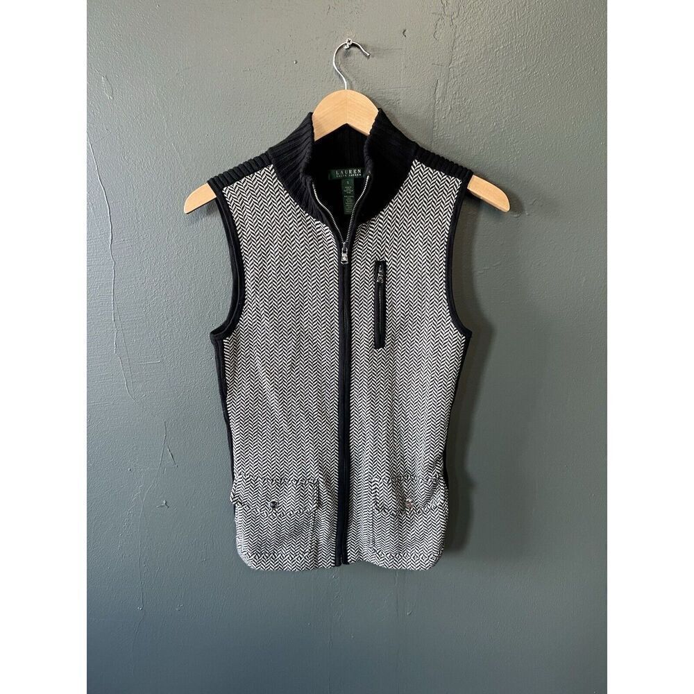 Lauren Ralph Lauren Womens Black Knit Full Zip Sleeveless Vest Size Small